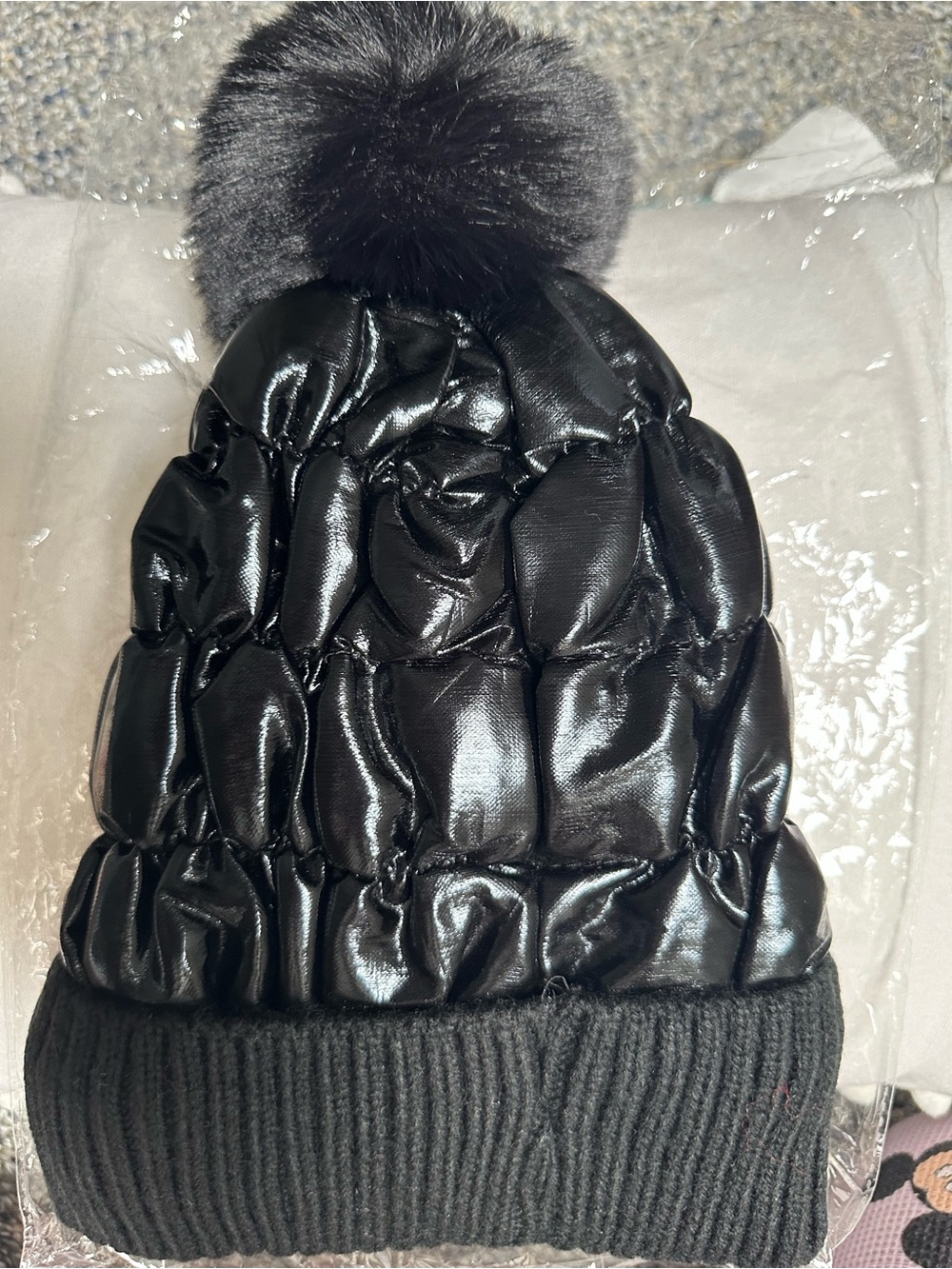 Black Quilted Pom Beanie Hat - Brand: